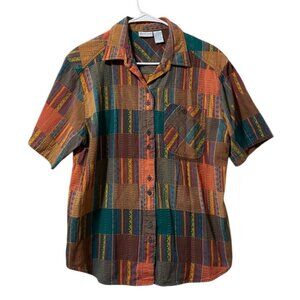 Backroad Blues Women Size Large Button Down Shirt Western Aztec Embroidered City